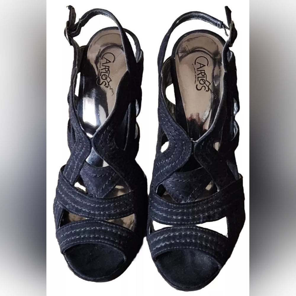Carlos By Carlos Santana Black Strappy Suede Peep Toe Platform Wedge Sandal 8.5